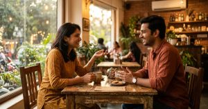 A newly matched Indian couple discussing essential questions to ask before an arranged marriage over tea.